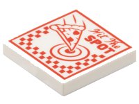 LEGO part Tile 2 x 2 with Pizza Box with Red 'Hit The SPOT', Slice, Target, and Checkered Pattern 3068pb2287
