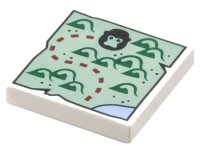 LEGO part Tile 2 x 2 with Map with Sand Green Land, Dark Green Hills, Black Gorilla Head and Dark Red Dotted Line Pattern 3068pb2392