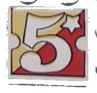 LEGO part Tile 2 x 2 with Number  5 Fabuland Yellow/Red Background Pattern 3068pb2434