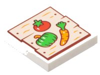 LEGO part Tile 2 x 2 with Light Nougat Wood Grain Boards with Reddish Brown Nails and Red, Orange, and Bright Green Tomato, Paprika / Pepper, and Carrot Pattern 3068pb2554