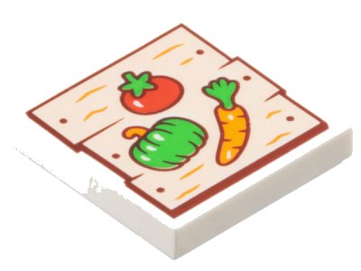 LEGO onderdeel Tile 2 x 2 with Light Nougat Wood Grain Boards with Reddish Brown Nails and Red, Orange, and Bright Green Tomato, Paprika / Pepper, and Carrot Pattern (3068pb2554)