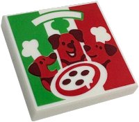 LEGO part Tile 2 x 2 with Pizza Box with Red and Green Stripes and Dogs with Chef Toques Pattern 3068pb2667
