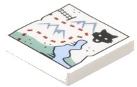 LEGO part Tile 2 x 2 with Map, Sand Blue Mountains, Black Train Tracks and Wolf Head, Reddish Brown Dotted Line Path, Medium Blue Bay Pattern 3068pb2672