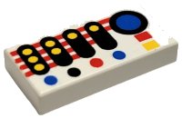LEGO part Tile 1 x 2 with Control Panel with Black, Blue, Red, and Yellow Buttons and Stripes Pattern 3069p30