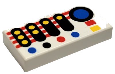 LEGO onderdeel Tile 1 x 2 with Control Panel with Black, Blue, Red, and Yellow Buttons and Stripes Pattern (3069p30)