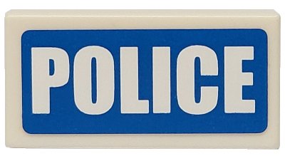 LEGO part Tile 1 x 2 with White 'POLICE' Thick Font on Blue Background Pattern (Sticker) - Sets 7235-2 / 7236-2 / 7744 / 60023 (3069pb0111)