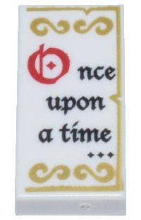 LEGO part Tile 1 x 2 with Black and Red 'Once upon a time...' and Gold Decorations Pattern 3069pb0507