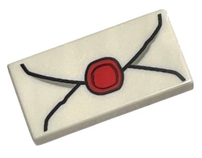 LEGO part Tile 1 x 2 with Envelope with Red Wax Seal and Light Bluish Gray Highlights Pattern (3069pb0779)