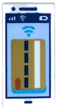 LEGO onderdeel Tile 1 x 2 with Cell Phone / Smartphone with Gold Debit / Credit Card on Bright Light Blue Background, Signal Strength, WiFi, Battery Level and Dark Blue Outline, Blue Contactless Payment Symbol Pattern 3069pb1445