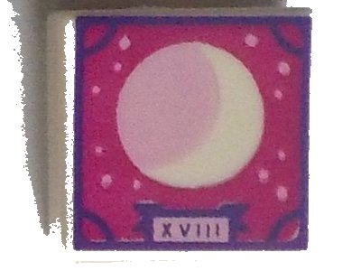 LEGO part Tile 1 x 1 with Crescent Moon, Roman Numerals 'XVIII' and Scrapbook Frame on Magenta Background Pattern (3070pb197)