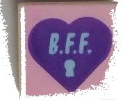 LEGO part Tile 1 x 1 with Dark Purple Heart with 'B.F.F' on Bright Pink Background Pattern 3070pb199
