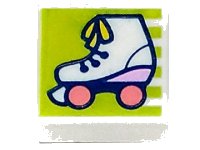 LEGO part Tile 1 x 1 with Roller Skate with Yellow Laces, Bright Pink Heel, and Coral Wheels on Lime Background with Stripes Pattern 3070pb238