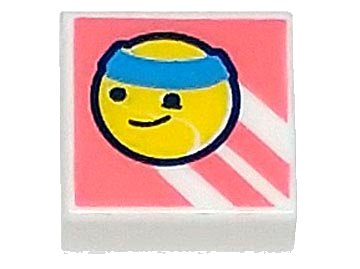 LEGO part Tile 1 x 1 with Yellow Tennis Ball with Face and Dark Azure Headband on Coral Background with Diagonal Stripes Pattern (3070pb246)