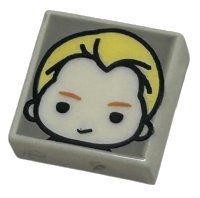 LEGO part Tile 1 x 1 with Male Head with Smirk, Medium Nougat Eyebrows, and Bright Light Yellow Hair on Light Bluish Gray Background Pattern (HP Draco Malfoy) 3070pb309