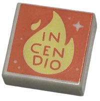 LEGO part Tile 1 x 1 with 'INCENDIO', Bright Light Yellow Flame, Dots and Sparkle on Coral Background Pattern 3070pb320