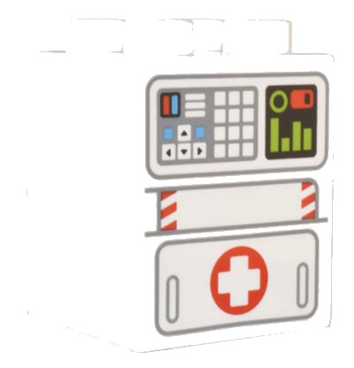 LEGO onderdeel Duplo, Brick 2 x 2 x 2 with Light Bluish Gray Mechanical Panel with Arrows and Keypad, Lime Display and Red Power Meter, and Red Cross Door Pattern (31110pb180)