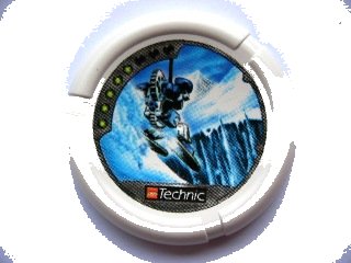 LEGO onderdeel Throwing Disk with Throwbot Ski / Slizer Ice 5 Pips, LEGO Technic Logo, and Robot Skiing Pattern (32171pb016)