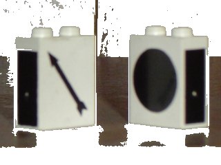LEGO onderdeel Brick 1 x 2 x 2 with Train Switch Black Pattern, Left Arrow (3245apx2)