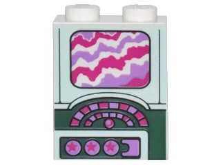 LEGO onderdeel Brick 1 x 2 x 2 with Inside Stud Holder with Magenta and Medium Lavender Screen, Buttons and Stars on Light Aqua and Dark Green Panels Pattern (3245cpb047)