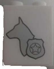 LEGO part Brick 1 x 2 x 2 with Inside Stud Holder with Silver Dog Head Silhouette and Police Badge Pattern Model Left Side (Sticker) - Set 60048 3245cpb057L