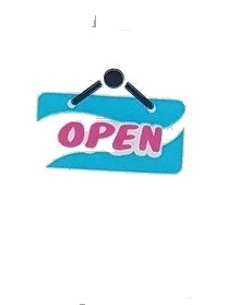 LEGO onderdeel Brick 1 x 2 x 2 with Inside Stud Holder with Dark Pink 'OPEN' on Medium Azure and Light Aqua Sign Pattern (Sticker) - Set 41430 (3245cpb182)