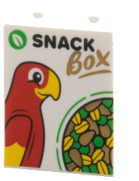 LEGO part Brick 1 x 2 x 2 with Inside Stud Holder with Green Leaf, Red Parrot, Seeds, Black 'SNACK', Dark Tan 'BOX' Pattern 3245cpb288