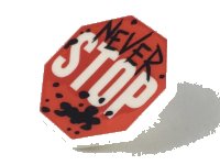LEGO part Minifigure, Shield Octagonal  with Stop Sign, Black 'NEVER' and Splotches Pattern 34684pb01