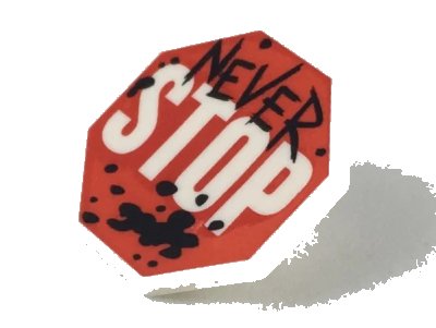 LEGO onderdeel Minifigure, Shield Octagonal  with Stop Sign, Black 'NEVER' and Splotches Pattern (34684pb01)