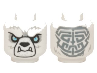 LEGO onderdeel Minifigure, Head Alien Chima Bear with Black Nose, Bright Light Blue Eyes, Light Bluish Gray Fur, Lower Fangs, and Sand Blue Tribal Markings Pattern (3626pb1255)