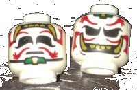LEGO part Minifigure, Head Dual Sided Alien Dark Red Eyebrows and Moustache, Gold Teeth and Fangs, Sad / Evil Grin Pattern 3626pb1584