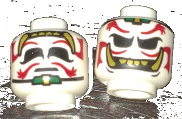 LEGO onderdeel Minifigure, Head Dual Sided Alien Dark Red Eyebrows and Moustache, Gold Teeth and Fangs, Sad / Evil Grin Pattern (3626pb1584)