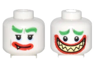 LEGO onderdeel Minifigure, Head Dual Sided Bushy Green Eyebrows, Thick Red Lips, Bright Light Yellow Sharp Teeth, Grin / Wide Open Mouth Smile Pattern (The Joker) (3626pb1775)