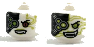 LEGO onderdeel Minifigure, Head Alien with Red Left Eye, Cybernetic Implants, Green Eye and Fangs on Back Pattern (3626pb2043)