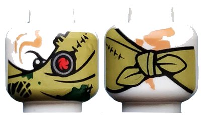LEGO onderdeel Minifigure, Head Alien Ninjago Red Eye Fan Left, Olive Green Bandana Wrap, Knot on Back Pattern (3626pb2206)