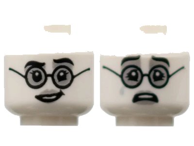 LEGO onderdeel Minifigure, Head Dual Sided Female, Black Eyebrows and Glasses, Light Bluish Gray Lips, Lopsided Grin / Sad with Tear Pattern - Hollow Stud (3626pb3105)