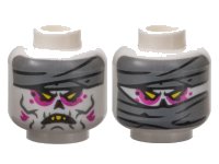 LEGO part Minifigure, Head Dual Sided Alien Dark Bluish Gray Mummy Wrappings, Yellow Triangular Eyes, Magenta Eye Shadow, Open Mouth Scowl with Top Teeth / Wrapped Lower Face Pattern - Vented Stud 3626pb3445