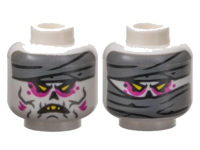 LEGO onderdeel Minifigure, Head Dual Sided Alien Dark Bluish Gray Mummy Wrappings, Yellow Triangular Eyes, Magenta Eye Shadow, Open Mouth Scowl with Top Teeth / Wrapped Lower Face Pattern - Vented Stud (3626pb3445)