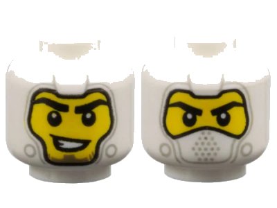 LEGO onderdeel Minifigure, Head Dual Sided Balaclava with Light Bluish Gray Details, Yellow Face, Black Eyebrows, Lopsided Open Mouth Smile with Teeth / Covered Mouth Pattern - Vented Stud (3626pb3764)