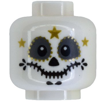 LEGO onderdeel Minifigure, Head Alien El Catrín with Black Triangular Nose, Stitched Mouth, Dark Bluish Gray Eye Shadow, Gold Face Paint with 3 Stars Pattern (BAM) (3626pb4002)