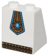 LEGO part Slope 65 2 x 2 x 2 with Bottom Tube with Minifigure Dress / Skirt / Robe, Gold Panel with Blue Jewel and Gold Fringe Pattern 3678bpb038