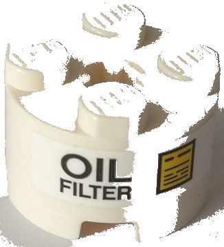 LEGO part Brick, Round 2 x 2 with Axle Hole with 'OIL FILTER' and Yellow Sign Pattern (Sticker) - Set 42082 (3941pb23)