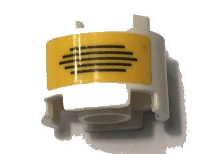 LEGO onderdeel Brick, Round 2 x 2 with Axle Hole with Black Lines on Yellow Background Pattern (Sticker) - Set 10274 (3941pb37)