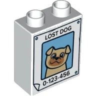LEGO part Duplo, Brick 1 x 2 x 2 with 'Lost Dog', Tan Dog on Poster, and '0-123-456' Phone Number Pattern 4066pb778