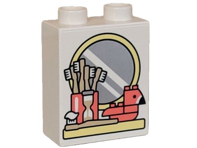 LEGO onderdeel Duplo, Brick 1 x 2 x 2 with Bright Light Yellow Shelf and Mirror, Coral Duck and Cup, Tan Toothbrushes Pattern (4066pb800)