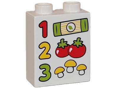 LEGO part Duplo, Brick 1 x 2 x 2 with Red, Yellow, and Lime Numbers 1, 2, and 3, Recipe with Spaghetti, Tomatoes, and Mushrooms Pattern (4066pb802)