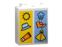 LEGO part Duplo, Brick 1 x 2 x 2 with Sun, Hat and Sunscreen on Yellow Background and Cloud, Rain, Boots, and Slicker on Medium Blue Background Pattern 4066pb805