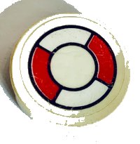 LEGO part Tile, Round 2 x 2 with Red and White Life Preserver Pattern (Sticker) - Sets 2962 / 6479 / 6540 / 6541 / 6559 / 6598 4150p07