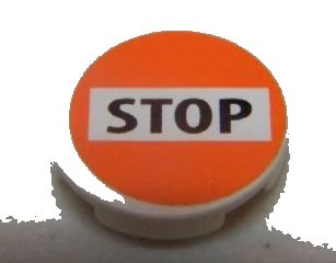 LEGO onderdeel Tile, Round 2 x 2 with 'STOP' on White and Orange Background Pattern (Sticker) - Set 8969 (4150pb154)