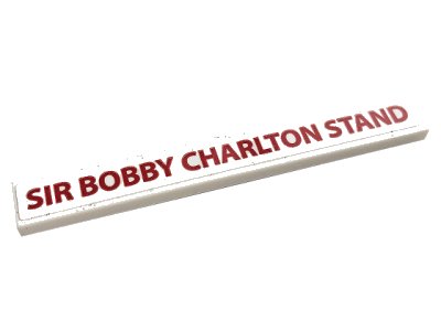 LEGO onderdeel Tile 1 x 8 with Red 'SIR BOBBY CHARLTON STAND' Pattern (Sticker) - Set 10272 (4162pb236)
