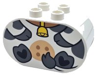 LEGO part Duplo, Brick 2 x 4 x 2 Rounded Ends with Dark Bluish Gray Hooves and Spots, Medium Tan Udder with Medium Nougat Dots, Yellow Bell, Cow Body Pattern 4198pb58